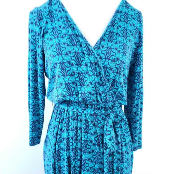 Market & Spruce Faux Wrap Dress O'Hara Ikat LG Blue Tonal, Comfy Knee Length - Picture 2 of 6